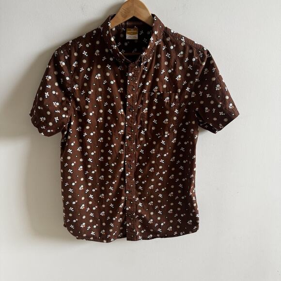 Dravus Everett Mens S Brown Short Sleeve Button Up Shirt Boho Whimsical Floral - Picture 1 of 15